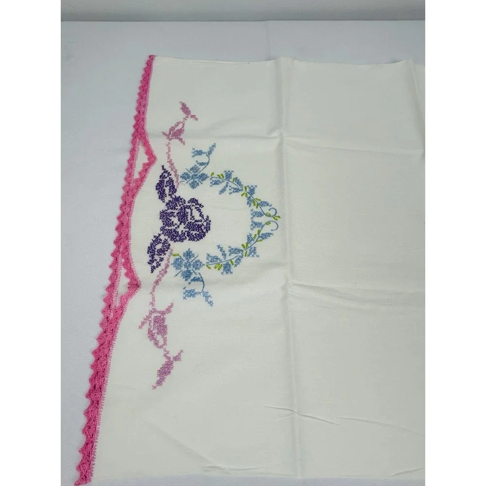 Vintage Cross Stitched Pillowcases White w/Pink Purple Blue Floral 30 x 20